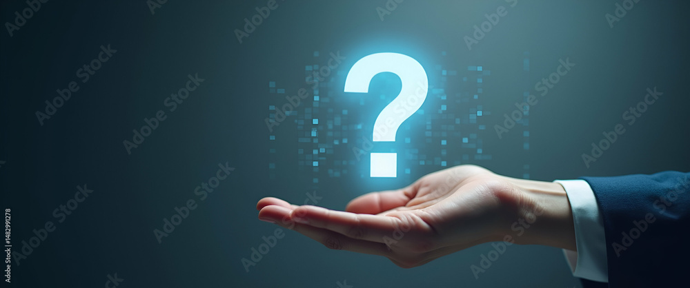 Poster hand holding holographic interview communication symbol - illustrating interview questions in empty 