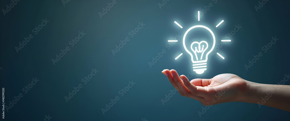 Aufkleber hand presenting holographic innovation symbol representing growth mindset development against minima