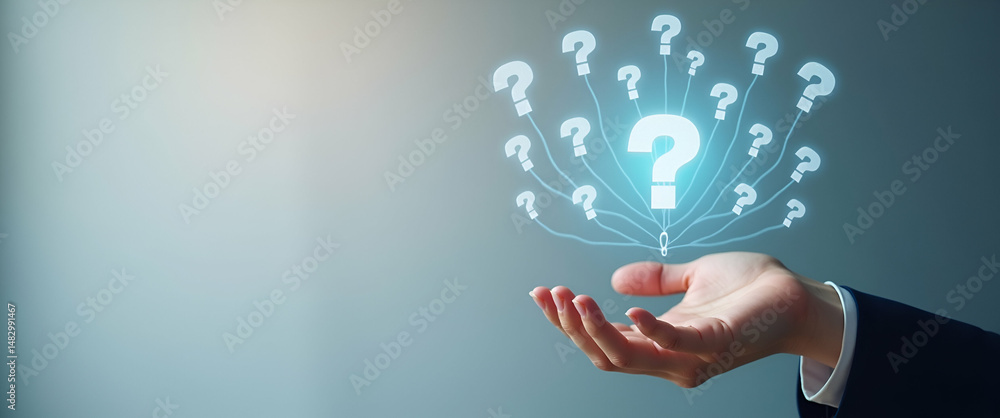 Poster hand holding holographic interview communication symbol representing interview questions communicati