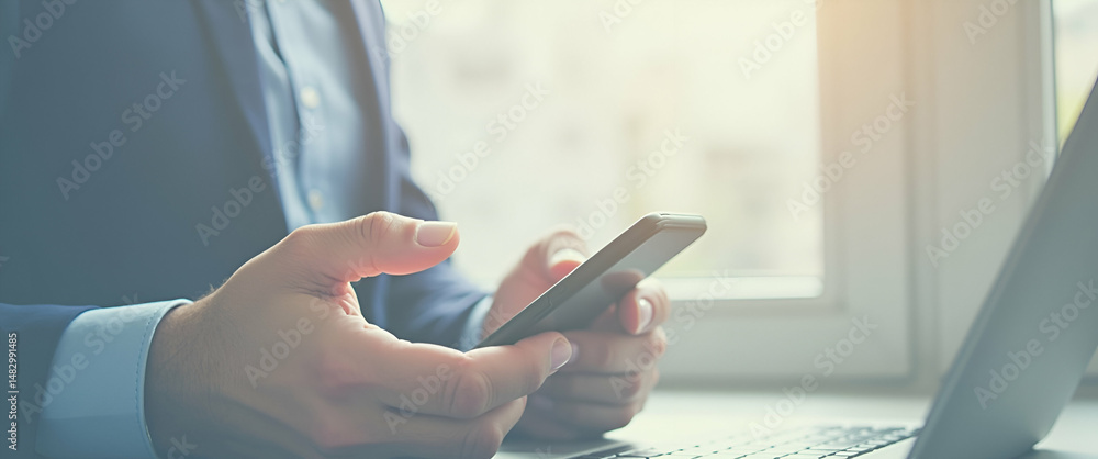 Poster photo realistic image of a person using a mobile app for expense tracking: clean background for text
