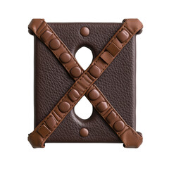 Close-up of a brown leather square with textured surface and wrapped corners forming an X shape