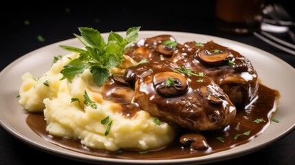 Steak with mushroom sauce and mashed potatoes.