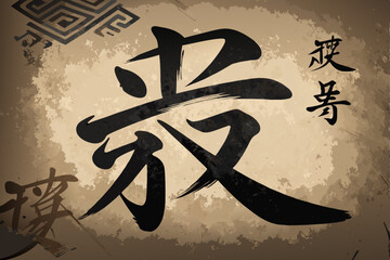 Create an abstract vector art piece featuring a bold, ink-style kanji character.  Emphasize strong brush strokes and dynamic composition.