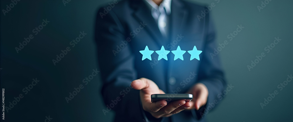 Poster hand giving five star rating on holographic feedback interface showcasing customer satisfaction on m