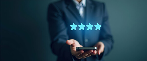 Hand giving five star rating on holographic feedback interface showcasing customer satisfaction on mobile phone in empty space concept as Hand gives five star rating on holographic feedback interface 