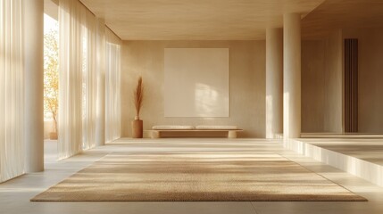 Minimalist sunlit interior with natural decor and large window