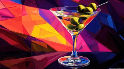 Close-up of a martini glass filled with a clear cocktail, featuring two green olives with red pits at the bottom.