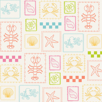 Nautical sea animal stamp seamless pattern. summer Italy vacation. Hand drawn lobster, octopus, shells and starfish design for textile, backgrounds, presentations, wrapping papers, prints, artworks.