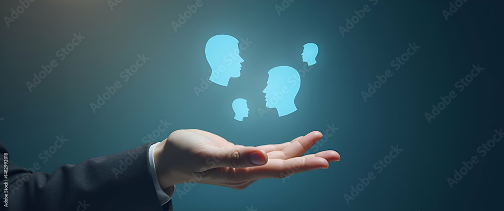 Poster hand holding holographic interview communication symbol representing interview questions communicati