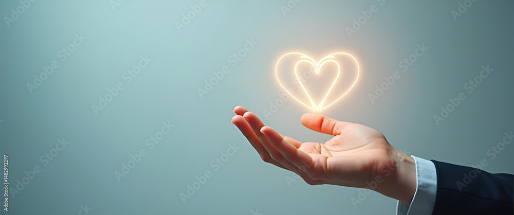 Poster hand presenting holographic bonding symbol representing empathy understanding bonding in empty space