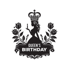 Queen's Birthday Silhouette Vector Illustration, Solid White Background.