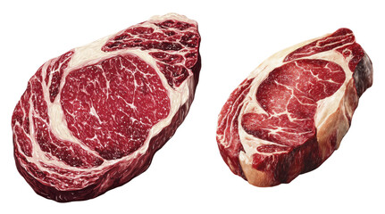 Obraz premium Fresh Raw Ribeye and Steak Cuts of Beef on a Transparent Background Ready for Culinary Preparation