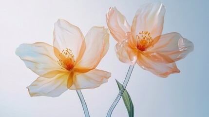 Obraz premium 3D colorful two spring flowers on white background. Wild flowers, spring grass seamless pattern 3d realistic. Minimal scene for model products, stage showcase, promotion display.