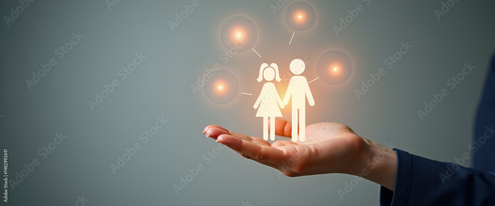 Poster hand presenting holographic relationships symbol representing empathy understanding relationships in