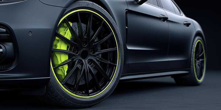 Automotive photography background featuring a close-up of a matte black sports car wheel with neon green brake calipers