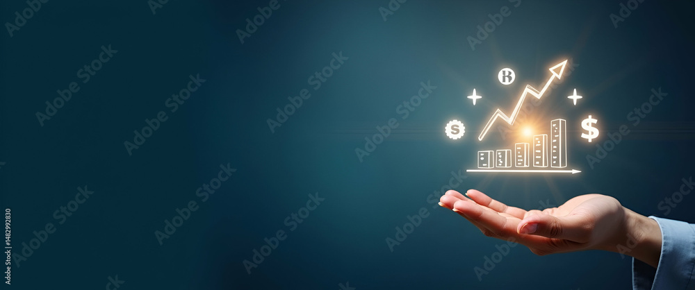 Poster hand displaying holographic cost optimization icons for enhanced company performance and quality imp