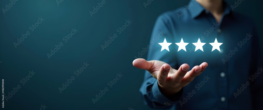 Poster hand giving five star rating on holographic feedback interface showcasing customer satisfaction on m