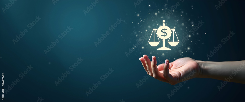 Aufkleber hand presenting holographic risk balancing icon symbolizing risk reward balancing in financial manag
