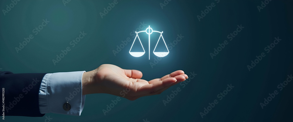 Poster hand presenting holographic risk balancing icon for financial management - symbolizing risk-reward b