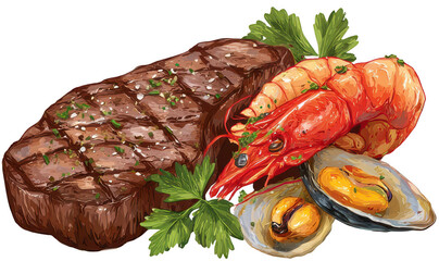 Grilled Steak and Succulent Shrimp with Fresh Oysters and Mussels Garnished with Parsley on Transparent Background