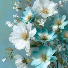 Obraz premium Elegant Passover celebration card with realistic pastel turquoise and white flowers, perfect for spring, holiday greetings, and festive Jewish events.
