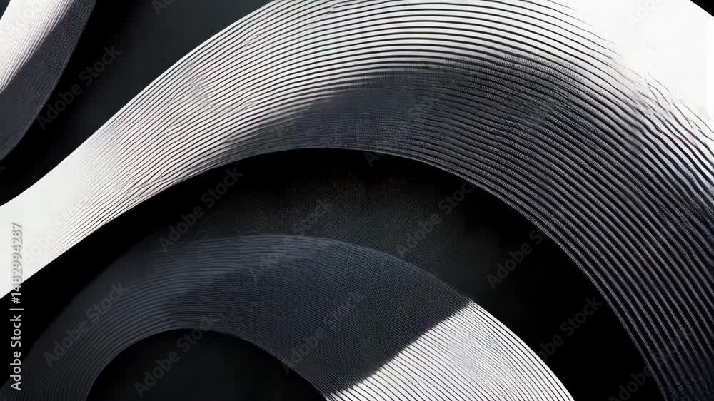 Poster abstract gray layered waves with textured metallic surfaces, flowing and overlapping in a dark, dyna