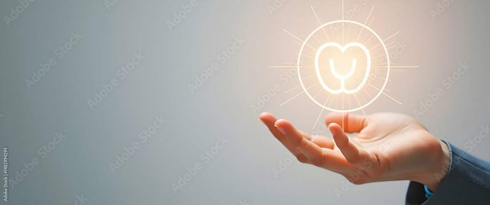 Poster empathy and understanding: a hand showcasing holographic sensitivity symbol against a minimalist bac