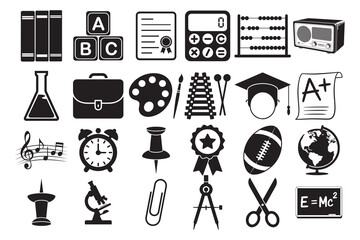 Icons Representing Various Educational Subjects and School Tools in Black and White for Learning Themes