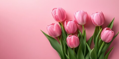 Obraz premium Pink tulips arranged on a soft pink background for a cheerful spring display
