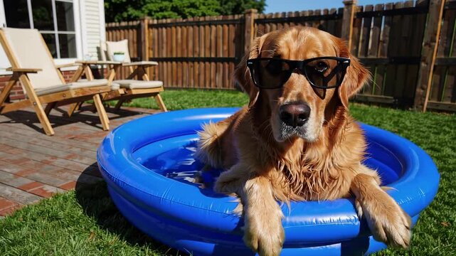 Golden retriever in sunglasses relaxing in blue kiddie pool in sunny backyard, cheerful pet scene with summer vibes and playful charm