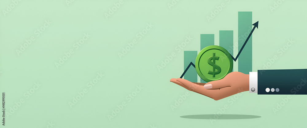 Poster photo realistic as person with green coin and financial graph concept as a person holding a green co