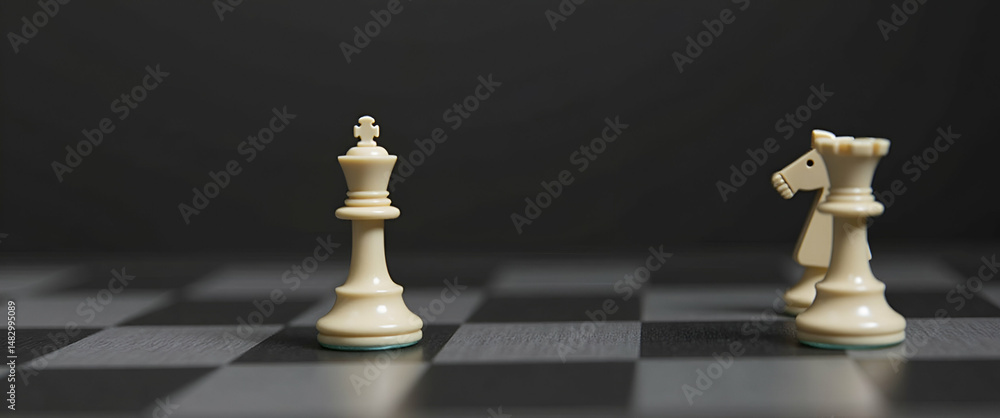Poster chess game featuring king and knight pieces on chessboard, symbolizing strategy and competition - id