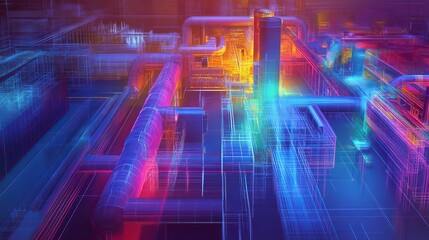 Abstract Industrial Network Vibrant Neon Lights Digital Art Futuristic Technology Background Wireframe Pipes Modern Design Energy 