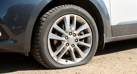 Close Up of Damaged Flat Car Tire with Silver Rims on Dirt Ground Automotive Transportation Issue