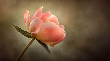 Softly lit, delicate pink peony in close-up view.