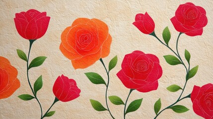 Red roses pattern vintage minimal concept. Colorful roses with green leaves on textured background create a vibrant floral design.