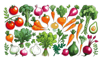  Modern vector illustration set of fresh vibrant vegetables, easily scalable and editable.
