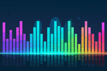 Generate a vibrant image of a colorful equalizer displaying bold, saturated hues against a dark, technological background.  The bars should pulse with energy.