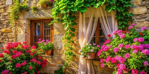 Naklejka premium Rustic Stone House Exterior with Vibrant Flower Planters and Sheer Window Curtains