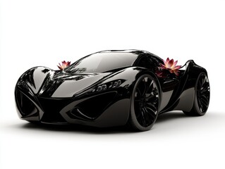 Sleek Black Luxury Concept Car with Lotus Flowers