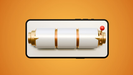 Mobile phone with slot machine on the screen isolated on a yellow background. Smartphone slot casino wining. Smartphone with slot machine on the screen. 