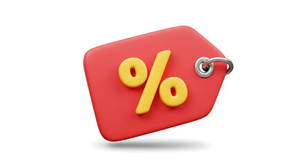 3D Render: Red Sale Tag with Yellow Percentage Symbol