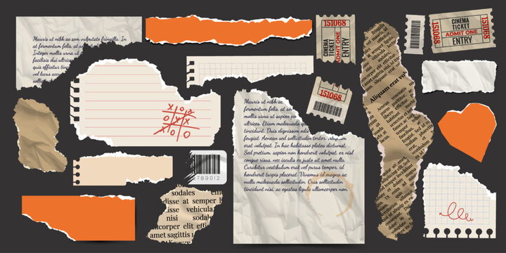 Set of torn paper. Notepad sheets, scraps of notebook page, torn crumpled old letter, newspaper and movie tickets. Vector design template in aged style.