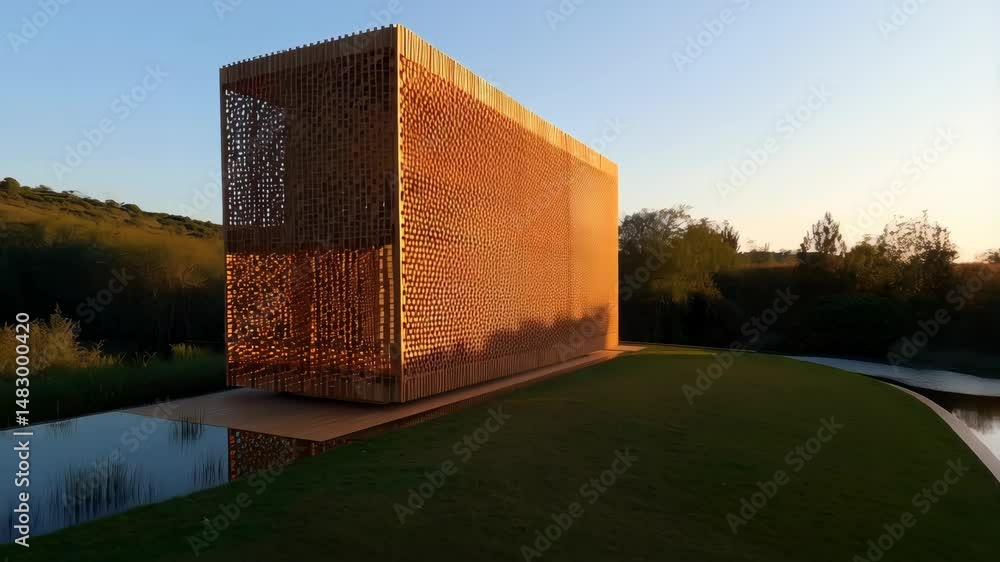 Poster rectangular wooden structure with patterned walls situated in a serene park landscape at golden hour