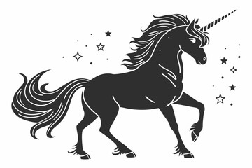Black shape silhouette of the magical unicorn on the white background
