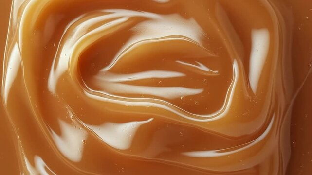 Caramel texture swirl close up, melted toffee cream background, top view macro