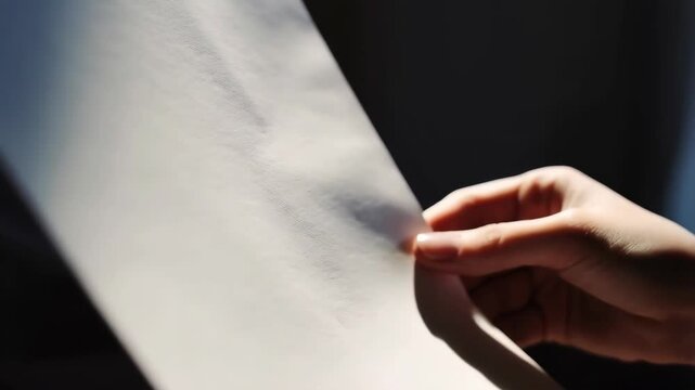 Delicate hand holding and manipulating a sheer, translucent white paper in bright sunlight, creating a minimalist and elegant composition