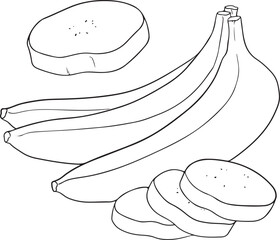 Banana vector illustration set. Includes whole, peeled, sliced bananas. Simple line art for food concepts.