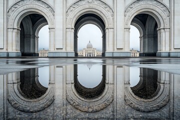 Architectural arches reflecting a government building