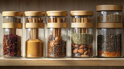 Aromatic spices in clear glass jars